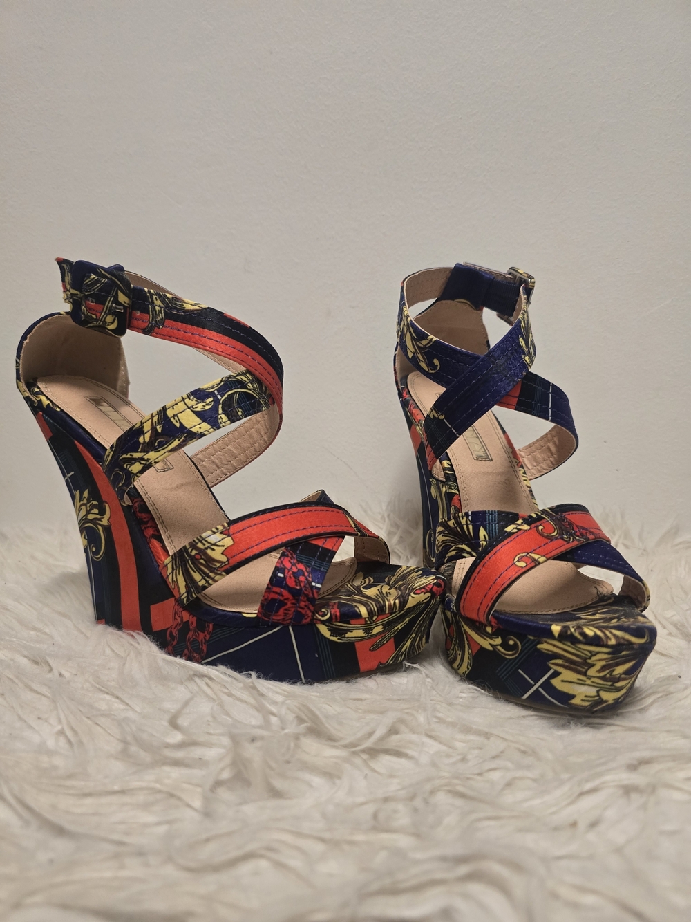 Women's Navy and Red Strappy Satin Platform Wedge Sandals